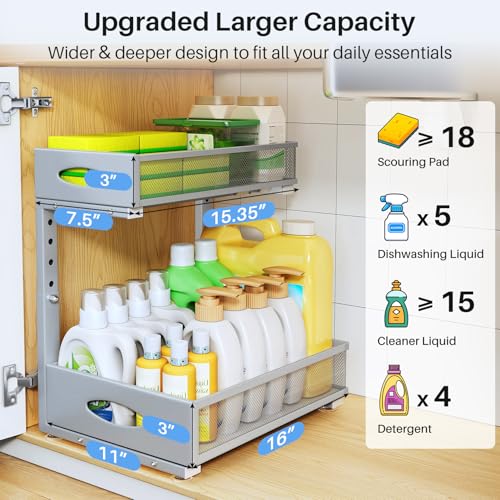 Under Sink Organizer, 2 Pack 2 Tier Pull Out Under Cabinet Organizer Shelf with Pad for Framed Cabinets, Metal Slide Out Under Sink Storage, Mesh Sliding Drawers for Kitchen Bathroom Laundry, Grey - color: Grey, size: 2-Pack