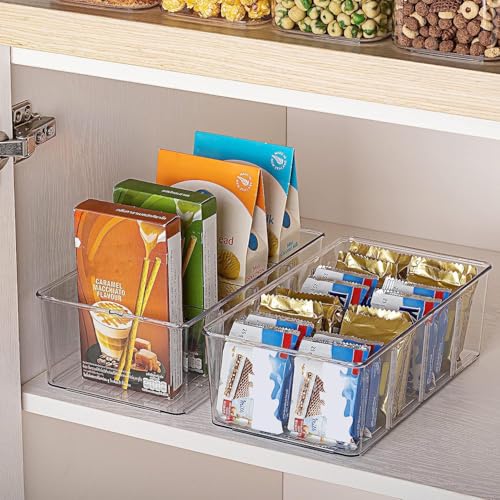 Vtopmart 2 Pack Food Storage Organizer Bins, Clear Plastic Bins for Pantry, Kitchen, Fridge, Cabinet Organization and Storage, 4 Compartment Holder Packets, Snacks, Pouches, Spice Packets - style: 2 Pack