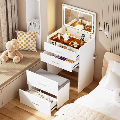 3 in 1 Makeup Vanity Desk with Flip Top Mirror and Lights, Glass Top Compact Vanity with Charging Station, 3 Drawers, Cushioned Stool for Bedroom Gift, White