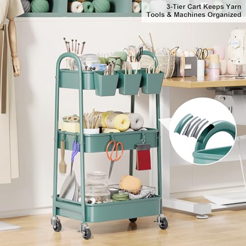 3 Tier Green Metal Rolling Cart with Lockable Wheels and Handle, 3 Tiered Utility Storage Organizer Carts for Teachers, Arts, Craft, Snack, Book, Bedside, Nursery, Cleaning Supplies, Easy Assembly - color: Elegant Green, size: 3 tier