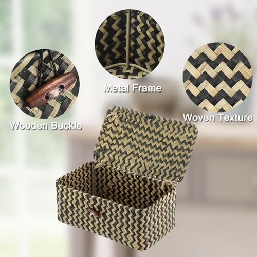 Hipiwe X-small Wicker Basket with Lid Natural Seagrass Storage Baskets Box Handwoven Household Organizer Box Multipurpose Woven Storage Basket for Shelf Closet,Black - color: Black, size: X-Small