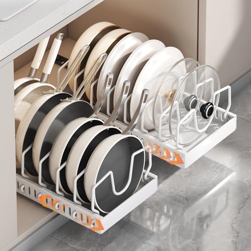 Pots and Pans Organizer Under Cabinet 2 Pack, Pull-Out Cabinet Organizer for Pot Lids, Bakeware, Dishes, 8 Adjustable Dividers (White - color: White
