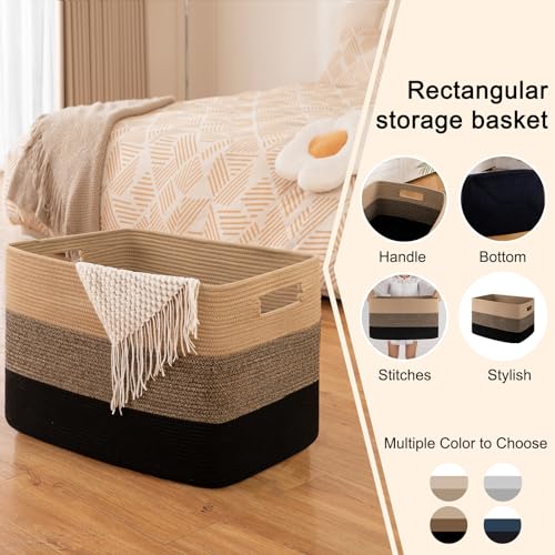 OIAHOMY 108L Super Large Blanket Basket, 25”x16”x16” Rectangle Woven Baskets for Storage, Cotton Rope Basket For Living Room, Toy Storage with Handle - Yellow Black - color: Yellow Black