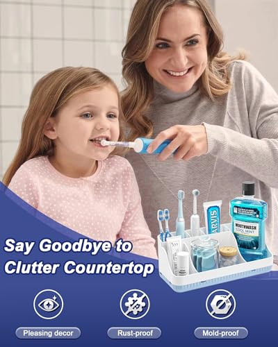Bathroom Counter Organizer and Storage, 7 Slots Detachable Toothbrush Holders for Bathrooms, Anti-Slip Electric Toothbrush and Toothpaste Holder Countertop Vanity Organizer Accessories for Adults Kids - color: White Blue