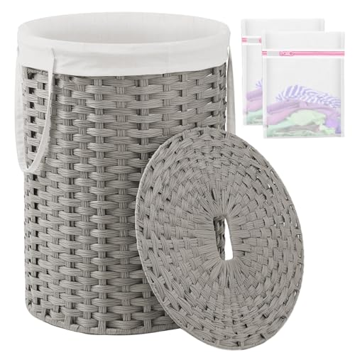 SETVSON Laundry Basket with Lid Round Rattan Laundry Hamper with Lid and Handles 29.1 Gal (110 L) Handwoven Woven Basket with Removable Bags and 2 Mesh Bags for Bathroom Living Room Gray - color: Gray, size: 110L