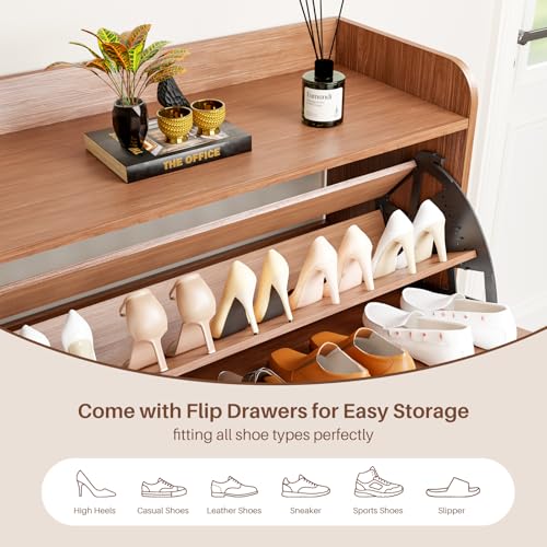 Shoe Storage Cabinet with 2 Flip Drawers, Entryway Shoe Cabinet with 2 Metal Hooks & Adjustable Shelves Freestanding Shoe Organizer Narrow Shoe Rack for Entrance Hallway Foyer Front Door,Walnut - color: Walnut