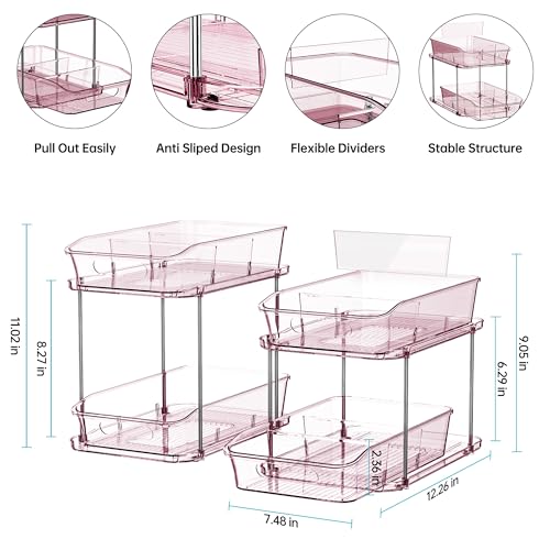 Delamu 2-Tier Under Sink Organizers and Storage, Multi-Purpose Stackable Bathroom Cabinet organizers, Pull Out Kitchen Pantry Organization and Storage with Dividers(2 Pack, Pink) - color: Pink, size: 2 Pack