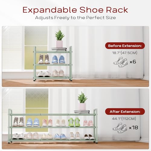 Bumusty 3-Tier Long Expandable Shoe Rack for Closet, 18"-44" Adjustable Shoe Rack for Entryway, 15-18 Pairs Large Shoe Organizer Shelf Storage, Sturdy Metal, Green - color: Green, size: 3-Tier