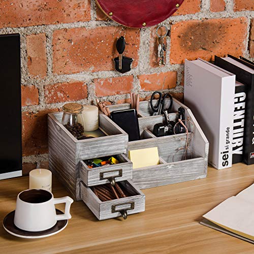 Distressed Rustic Wooden Office Desktop Organizer Wood Shelf Tabletop Home Organizer Storage with Multiple Compartments 2 Tier Drawers,perfect Jewelry storage Display Box for Desk, Vanity (gray) - color: gray
