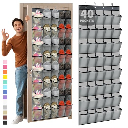 Windyun 40 Over The Door Shoe Organizer, Large Mesh Pocket Hanging Shoe Rack Hanger Large Capacity Gray Behind The Door Storage Holder for Dorm College Closet Entryway Bedroom Utility Room Women Men - color: Gray