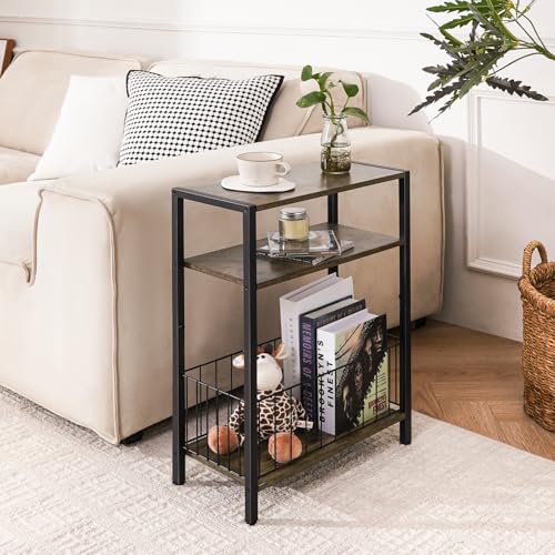 Yoobure Narrow Side Table with Storage Basket, Small End Table for Small Spaces Skinny Side Tables Living Room Bedroom, Slim Nightstand 3 Tier Bedside Table Space-Saving for Magazine, Rustic Brown - color: Rustic Brown