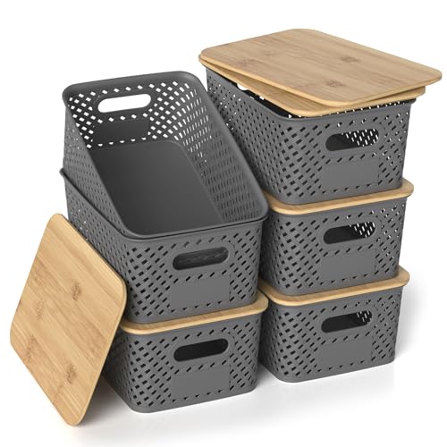 Plastic Storage Bins with Bamboo Lids, Stackable Small Box Baskets for Organizing and Containers for Shelves Drawers Desktop Closet Pantry Classroom Office Home, 6 Pack 10.2x7.2x4.1 Inch, Gray - color: Gray