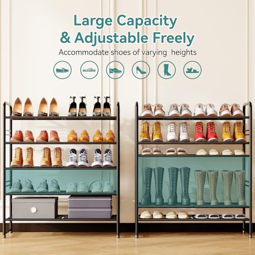 SUFAUY 33" Wide Shoe Rack, 5-Tier Shoe Storage Rack for 24-30 Pairs of Shoes, Shoe Organizer for Entryway, Stackable, Heavy Duty, Steel Frame, Industrial, Black - color: Black, size: 5 Tier