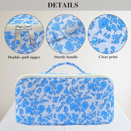 Blue Large Quilted Floral Makeup Bag Cute Coquette Aesthetic Cosmetic Bag Open Flat Travel Toiletry Make up Bag for Women - color: C-lay flat blue