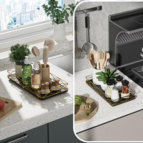 Lixple Toilet Paper Basket Holder, 13" Toilet Tank Tray, Wood and Metal Toilet Tray Vanity Organizer Bathroom Tray, Kitchen Sink Organizer for Soap Dispenser (Black + Gold) - color: Black+gold