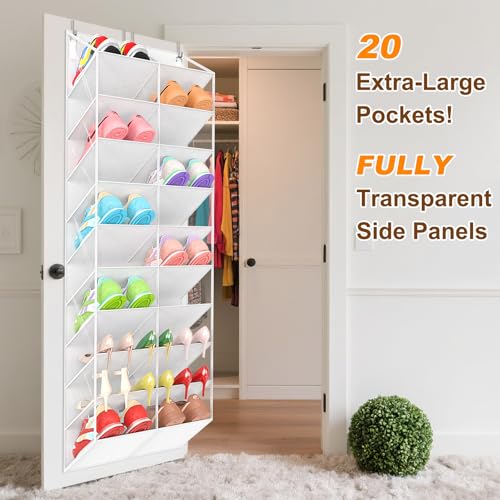 UVIAHOMI 20-30 Pairs Over the Door Shoe Organizer, Clear Pockets Hanging Shoe Storage for Closet, 10-Tier Door Shoes Rack, Handing Shoes Holder Fit All the Family's Sneakers, Boots, Heels, White - color: White