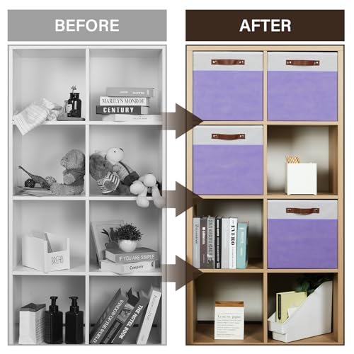 Temary Foldable Cube Baskets 4Pack - Clothes Shelf Storage with Handles, Fabric Storage Organizer Bins (White&Purple, 13x15x13 Inch) - color: White&Purple, size: 13x15x13