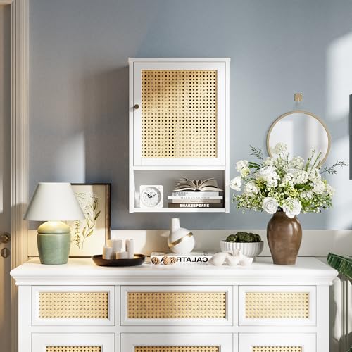 Bathroom Wall Cabinet, Bamboo Over-The-Toilet Storage Organizer with Rattan Doors and Adjustable Shelf, Space Saver Medicine Cabinet for Laundry, Kitchen, Living Room (White) - color: White