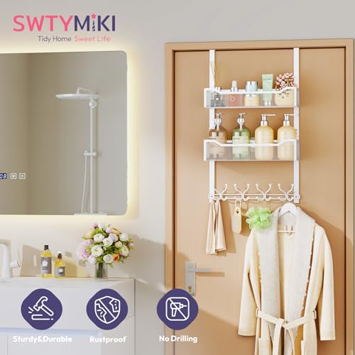 SWTYMIKI Over The Door Hook with 16 Hooks & 2 Mesh Baskets - Heavy Duty Over The Door Organizer Hanger for Towels, Coats, Clothes - Space Saving Hanging Rack for Bathroom, Living Room, White - color: White