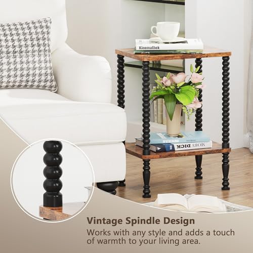 Side Table, 2-Tier Wood End Table, Vintage Bedside Nightstand with Open Storage Shelf for Living Room, Bedroom, Office, Rustic Brown - color: Rustic Brown, size: 2-Tier