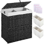 Greenstell Laundry Hamper with lid, No Install Needed, 110L Wicker Laundry Baskets Foldable 2 Removable Liner Bags, 2 Section Clothes Hamper Handwoven Rattan Laundry Basket with Handle, Black - color: Black, size: 110L (22.2x13.3x24.0 Inches)