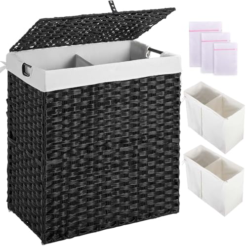 Greenstell Laundry Hamper with lid, No Install Needed, 110L Wicker Laundry Baskets Foldable 2 Removable Liner Bags, 2 Section Clothes Hamper Handwoven Rattan Laundry Basket with Handle, Black - color: Black, size: 110L (22.2x13.3x24.0 Inches)