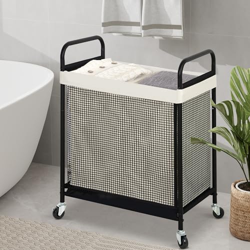 STO STO Laundry Hamper 2 Section, 100L Rolling Laundry Sorter Cart with Removable and Washable Liner Bag, Clothes Hamper with Wheels and Metal Handle for Laundry Room and Bedroom - color: Beige, size: 2-Section