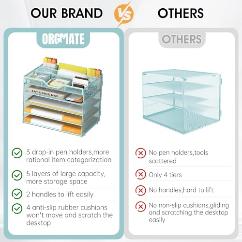 5 Tier Paper Letter Tray with 3 Drop-in Pen Holders, Mesh Desk File Organizer with Handle, Desk Organizers and Accessories for School,Home, Office Supplies Storage-Blue - color: 5 Tier-Blue, size: 12.5" x 9.1" x 10.3"