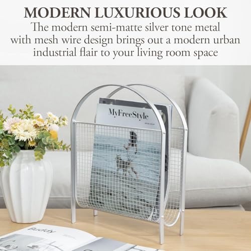 MyGift Magazine Rack, Floor Freestanding Magazine Holder for Bathroom Bedroom Office, Books Newspapers File Mail Organizer, Mid Century Modern Decor Wire Storage for Tablets and Documents - color: Silver
