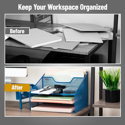 Mind Reader Metal Mesh Desktop File Organizer, 3-Tier Paper Tray with 5 Compartments, Office Mail Sorter, Turquoise - color: Turquoise