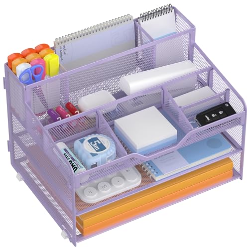 Docnest 3 Tier Mesh Desk Organizer for Paper Office Supplies – Multi-Functional Letter Tray with 5 Adjustable Compartments, 3 Pen Holders, Desktop Storage for Files, Mail, Stationery – Purple - color: Purple, size: 12.7" x 9.1" x 8.6"