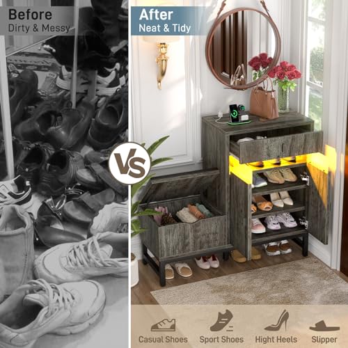 Armocity Shoe Cabinet Storage for Entryway - Freestanding Shoe Rack Bench with LED Lights & Power Outlets, Reversible Shoe Storage Cabinet Organizer with Drawer and Hidden Compartment, Grey Oak - color: Grey