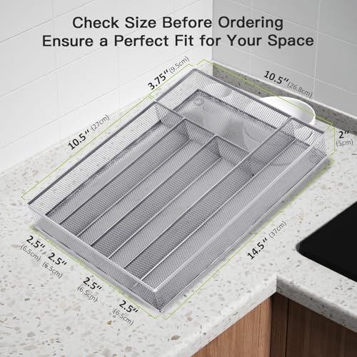 Neudeco Silverware Drawer Organizer - 5 Compartment Cutlery Tray with Non-Slip Feet, Mesh Wire Flatware Storage Divider for Kitchen, Bedroom, Living Room (Silver) - color: Silver