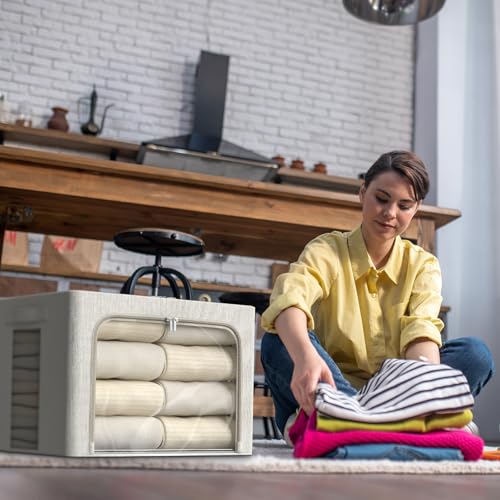 FHSQX 6 Pack Clothes Storage Bins with Metal Frame 100L Foldable Storage Bins for Clothes Linen Fabric Storage Box with Clear Window (Lvory White, 23.6x16.5x15.7inch(100L)) - color: Lvory White, size: 23.6x16.5x15.7inch(100L)