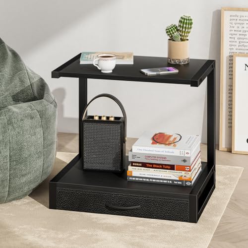 YAOHUOO 2-Tier Desktop Printer Stand with Fabric Drawer, Prtiner Table with Storage Shelf, Desk Organizer for Home Office,3D Printer,Fax Machine,Scanner, 17.3"x11.8" Black - color: Black, size: Middle