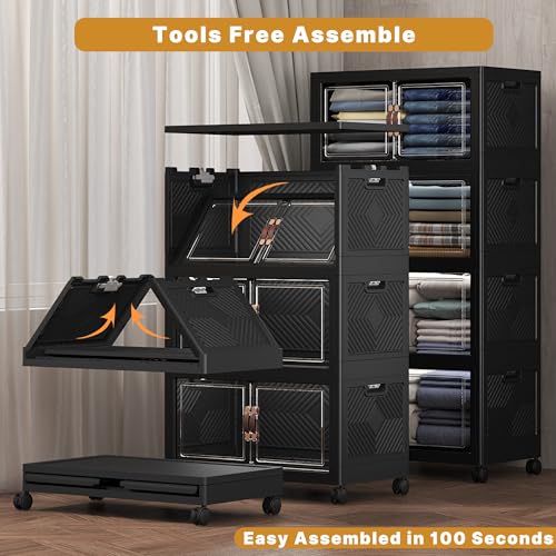 UAMFURI Extra Large Stackable Storage Bins with Lids & Wheels, 480QT-120QT/30GAL*4Pack Foldable Collapsible Closet Organizers Storage Cabinet with Doors for Bedroom Dorm - color: Black, size: 4PACK-25"W16"D58"H