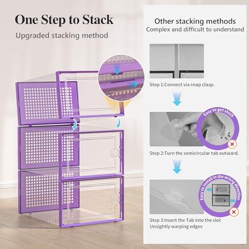 Kuject X-Large Shoe Storage Boxes Organizers Clear Plastic Stackable 12 Pack, Shoe Rack & Holder Substitute, Sneaker Containers, Toy Storage Organizer Bins for Entryway, Closet, Under Bed, Purple - color: Purple, size: X-Large