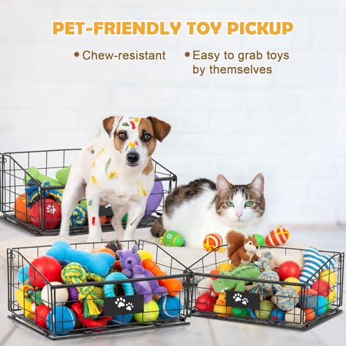 Mimorou 3 Pack Metal Dog Toy Baskets Multi-sized Foldable Dog Toy Bins Box Storage Container Organizer for Living Room Area Decorative Pet Accessories Coat Clothing Storage Holder Baskets(Black) - color: Black