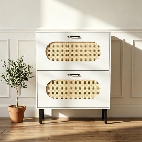 SUNCROWN 2 Flip Drawers Shoe Storage Cabinet, Freestanding Narrow Entryway Organizer, Natural Semi-Circular Rattan Doors, Adjustable Shelves & Anti-Tip Kit, White - color: White, size: Style A