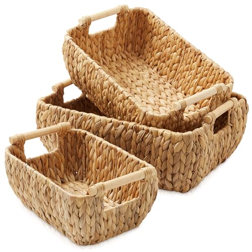 Casafield Set of 3 Water Hyacinth Oval Storage Baskets with Wooden Handles - Small, Medium, Large - Woven Nesting Basket Organizers - color: Natural - Hyacinth, size: Set of 3 - Small, Medium, Large