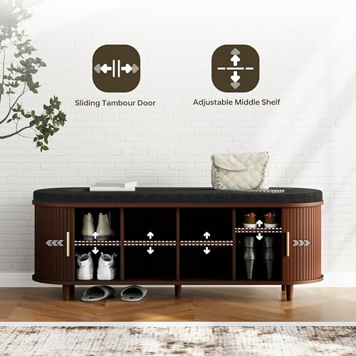 DHH 2-Tier Storage Bench,Wide Shoe Bench with Thickened Padded Seat Cushion, Mid Century Modern Fluted Sliding Door and Adjustable Shelf, for Entryway, Living Room, Bedroom (Walnut, 51.2”) - color: Walnut, size: 51.2 inch