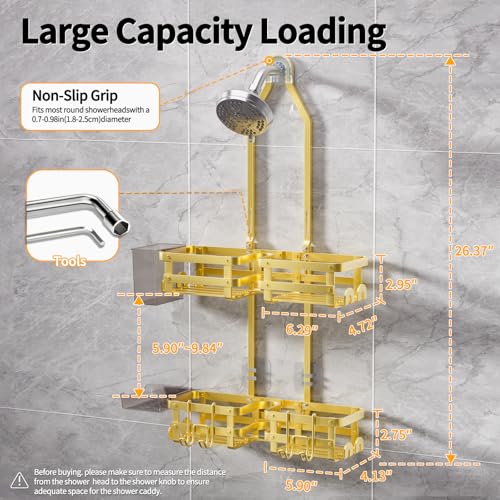 GAOKASE Aluminum Shower Caddy Hanging, Never Rust Shower Organizer- 4 Levels with adjustable Height 10 Hooks for Razor/Sponge - Rack with Soap Basket (Gold) - color: Gold