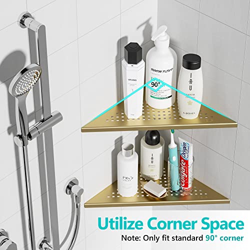 Qeke Corner Shower Shelves, 10” Recessed Tile Shower Shelf Brushed Golden, 304 Stainless Steel Grout in Corner Tile Shower Shelves, No Drilling, 2 Pack - color: Brushed Golden, size: 10"- 2 Pack