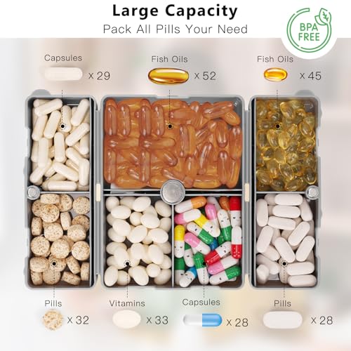 FYY 2 Pcs Daily Pill Organizer, 7 Compartments Portable Pill Case Travel Pill Organizer,[Folding Design] Pill Box for Purse Pocket to Hold Vitamins,Cod Liver Oil,Supplements and Medication-Grey - color: Grey, size: Large (1 Piece), Small (1 Piece)