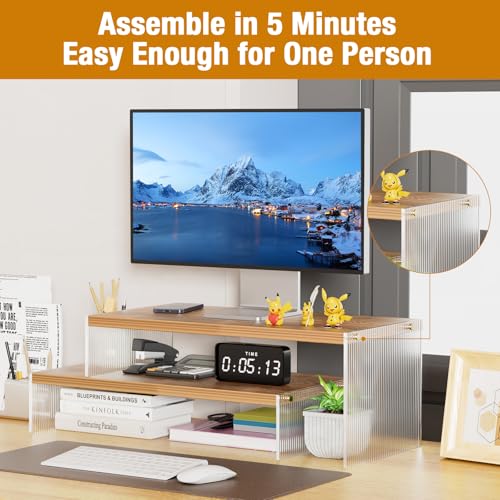 Adjustable Monitor Stand Riser with Acrylic Legs丨15.74" Length Dual Monitor Stand for Desk丨2-Tier Wood Desktop Organizer for Computer, Laptop, Printer & PC丨Modern Aesthetic Desk Shelf(wood-wavy) - color: wood-wavy, size: 7.67' W*15.74L
