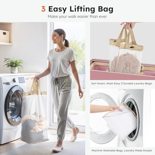 SOLEDI 180L 3-Section Laundry Hamper with Lid, Extra Large Dirty Clothes Basket with Sturdy Handles for Laundry Room & Bedroom - Durable Organizer for Sorting Laundry - color: Strawberry Milkshake Pink, size: 180L