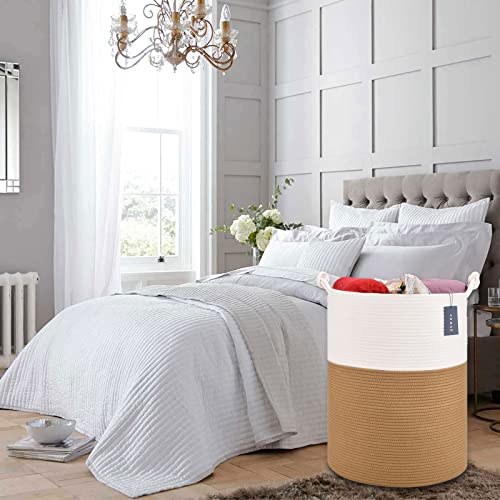 COMSE Extra Large Blanket Basket, Tall Woven Storage Basket, Nursery Hamper, 15.7”x 21.7”, Cotton Rope Laundry Hamper for Toys Clothes Towels, White/Camel - color: White & Camel
