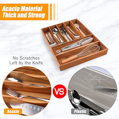 Bellsal Bamboo Silverware Organizer, 12"x15.7" Utensil Holder Cutlery Tray with Grooved Drawer Dividers for Kitchen Flatware, Bedroom, Office (7 Slot, Acacia) - color: Acacia, size: 7 Slots