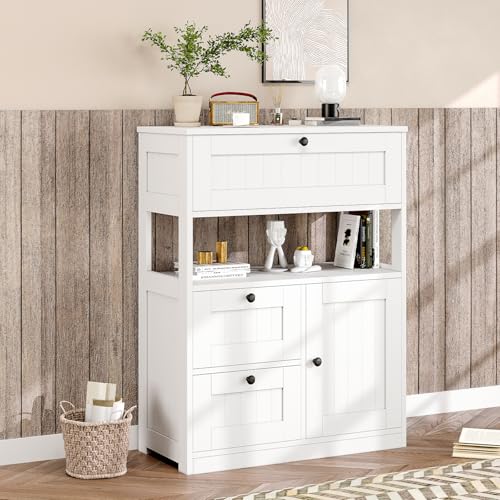 GRUSIGN Bathroom Cabinet, Modern Bathroom Floor Storage Cabinet Organizer with 1 Door and 3 Drawers, Freestanding Cupboard for Kitchen/Living Room Use - color: White1