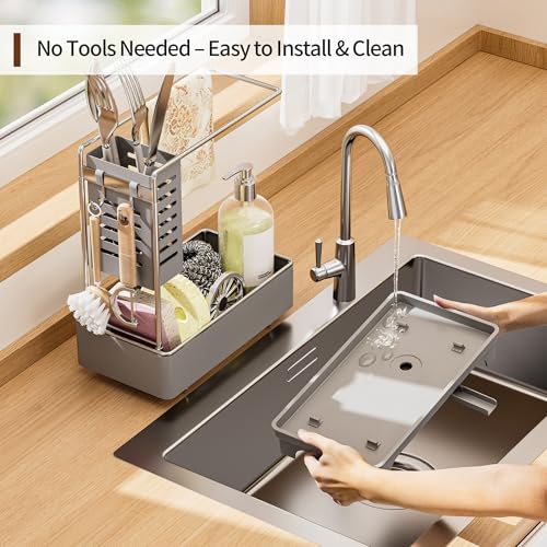 MOUKABAL Sponge Holder for Kitchen Sink, 2-Tier Sink Caddy Organizer with Drain Holes and Hooks, Holds Dishcloth, Sponge & Brushes, Kitchen Countertop Storage for New Home Essentials Grey - color: Grey 2